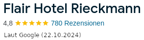 Bewertung Flair Hotel Rieckmann bei Google: 4,8 Sterne bei 780 Rezensionen (Stand 22.10.2024)